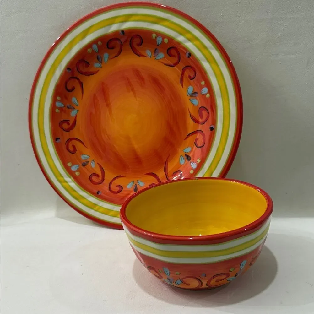 Pier 1 Pasilla Vibrant Orange Yellow 10 3/4 In Plate & 5 1/2 Round Bowl 3 In Ta